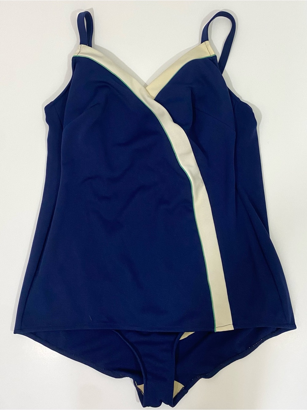 Navy One-Piece Wrap-Style Swimsuit with Cream Trim